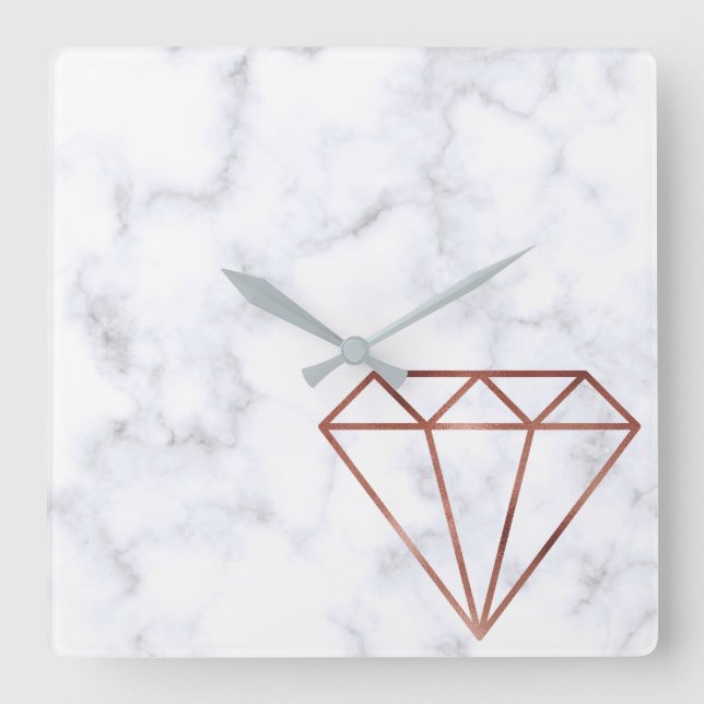 Relógio Quadrado mármore branco rosa de diamante branco elegante (Frente)