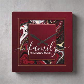 Relógio Quadrado mármore dourado burgundy personalizado