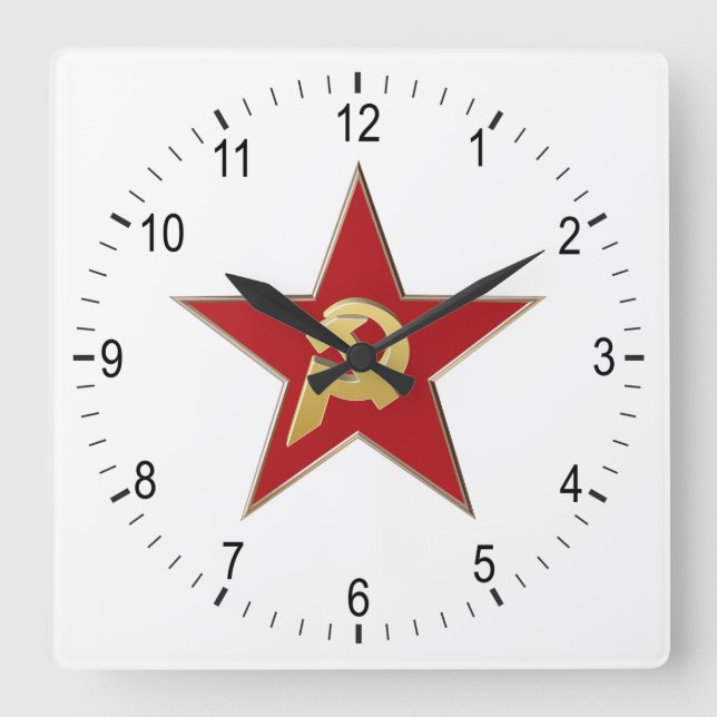 Relógio Quadrado Martelo e foice na estrela vermelha (Frente)