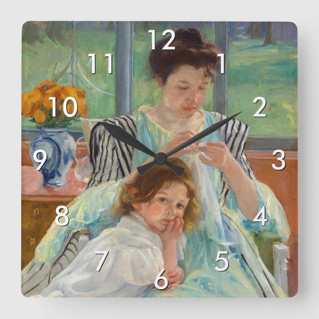 Relógio Quadrado Mary Cassatt - Jovem Mãe costurando (Frente)