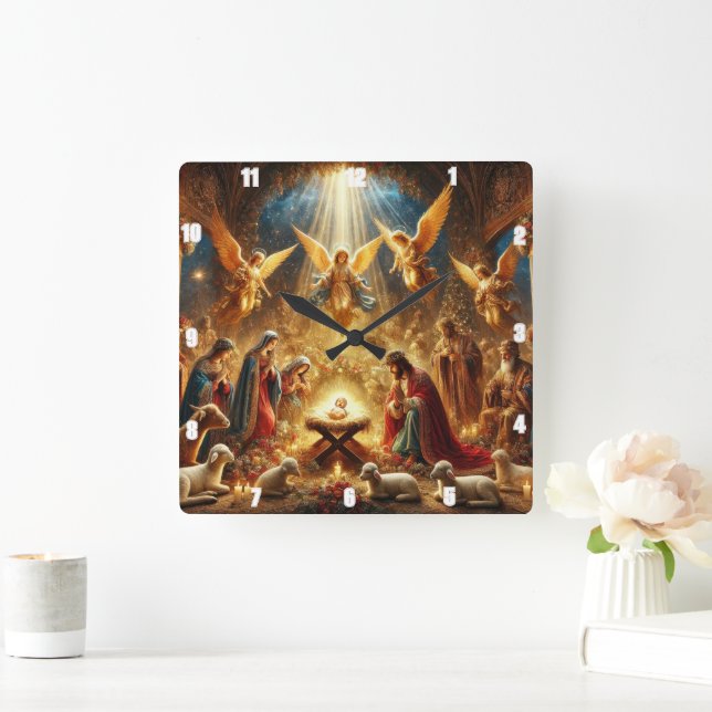 Relógio Quadrado Mary e Joseph amando o bebê Jesus (Lar)