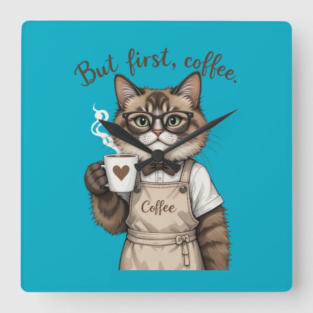 Relógio Quadrado Mas Primeiro, Gato Café (Frente)
