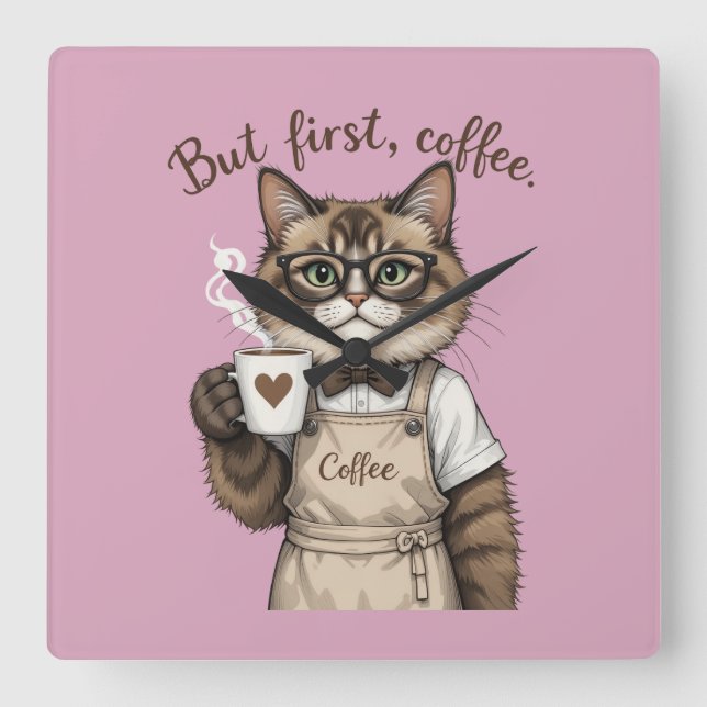 Relógio Quadrado Mas Primeiro, Gato Café (Frente)