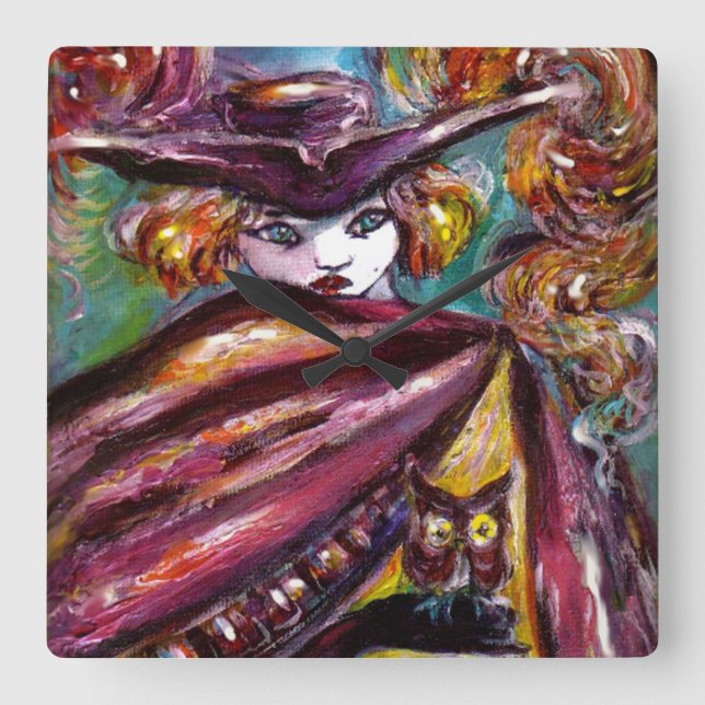 Relógio Quadrado Máscara FAUST/Misteriosa com Tricorn e Coruja (Frente)