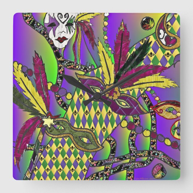 Relógio Quadrado Máscaras de penas do Mardi Gras Psychedelic (Frente)