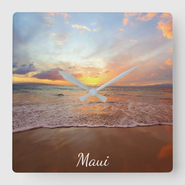Relógio Quadrado Maui Beach Sunset Acryall Clock (Frente)
