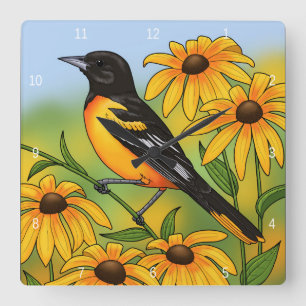 Relógio Quadrado MD State Bird Oriole e Susan Flower de olhos negro