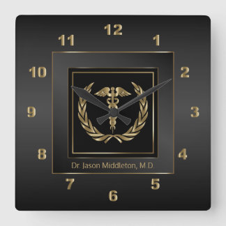 Relógio Quadrado Médico - Preto e Dourado