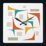 Relógio Quadrado Médio do século dos cantos geométricos da Era Atôm<br><div class="desc">Adicione um pop de cor à sua parede com este relógio moderno funky meio século! Apresenta as cores divertidas do azul lacrimogêneo,  laranja queimado,  bronzeado e formas geométricas laranja amareladas.</div>