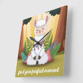 Relógio Quadrado Meditação Cute Llama em Floresta Mágica