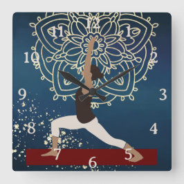 Relógio Quadrado Meditação de Yoga Dourada, Azul e Mandala Vermelha
