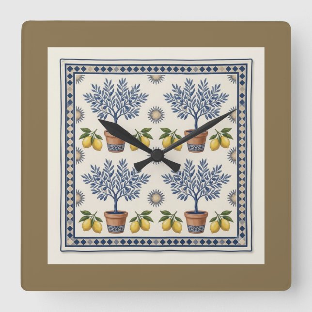Relógio Quadrado Mediterranean Lemon Tree Square Wall Clock (Frente)
