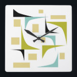 Relógio Quadrado Meio século de Cantos Geométricos da Idade Atômica<br><div class="desc">Adicione um pop de cor à sua parede com este relógio moderno funky meio século! Apresenta as cores divertidas dos formatos aqua azul,  abacado verde,  amarelo e preto geométrico.</div>