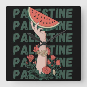 Relógio Quadrado melancia, flores e texto palestino Repetir