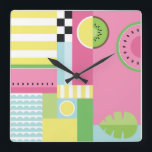 Relógio Quadrado Melancia, kiwi, padrão colorido de verão<br><div class="desc">Design de fruta de verão colorida, melancia, rosa kiwi, verde, amarelo, azul, cores brilhantes, pop de arte</div>