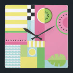 Relógio Quadrado Melancia, kiwi, padrão colorido de verão<br><div class="desc">Design de fruta de verão colorida,  melancia,  rosa kiwi,  verde,  amarelo,  azul,  cores brilhantes,  pop de arte</div>