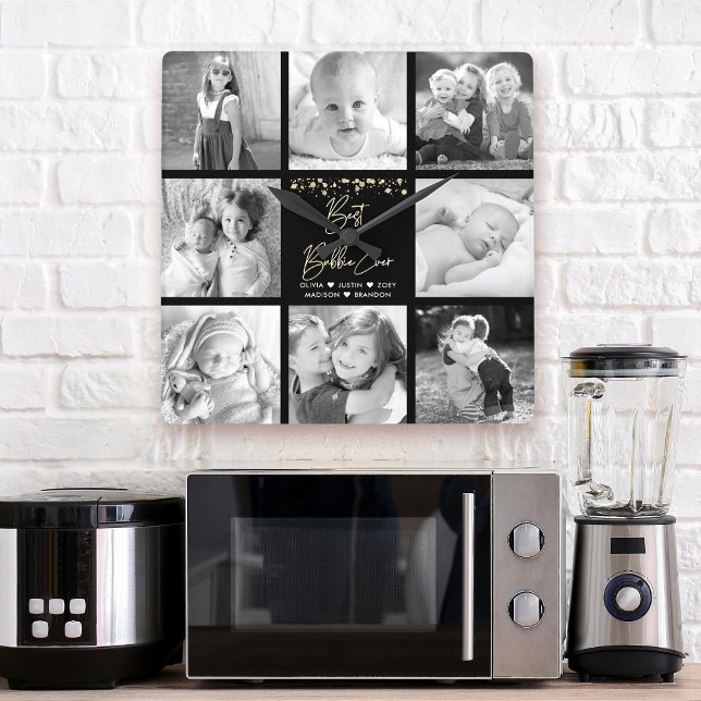 Relógio Quadrado Melhor Bubbie Ever 8 Colagem de Fotos Dourada Glit (Criador carregado)