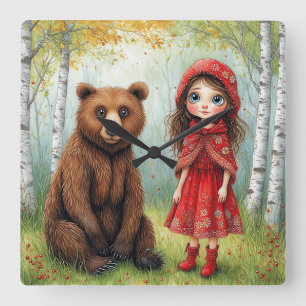 Relógio Quadrado Menina Adorável e Urso em Floresta Caprichosa