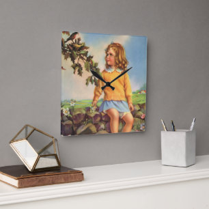 Relógio Quadrado Menina Antiga Observando Pássaros em uma Árvore, P