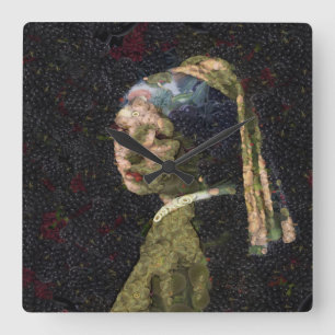 Relógio Quadrado Menina Com Morango A Ouvir Belas Artes