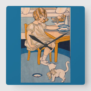 Relógio Quadrado menina do 1920 e seu gato branco pequeno