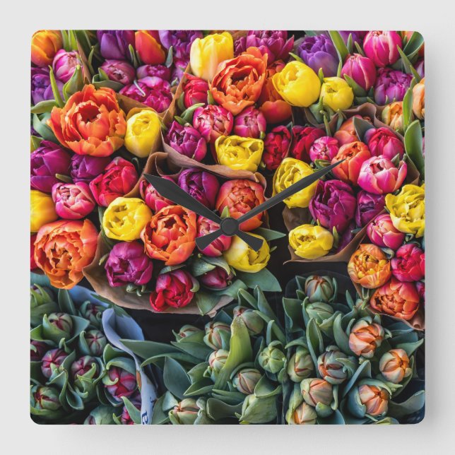 Relógio Quadrado Mercado de Flores Rústicas | Flores Frescas Cortad (Frente)