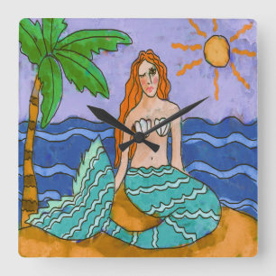 Relógio Quadrado Mermaid e Palm Tree Abstrato Art