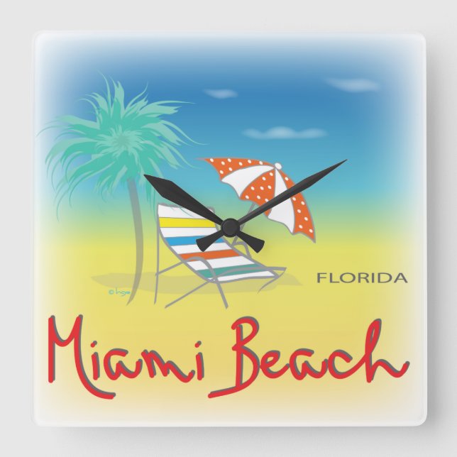 Relógio Quadrado Miami Beach, Florida Palm Wall Clock (Frente)