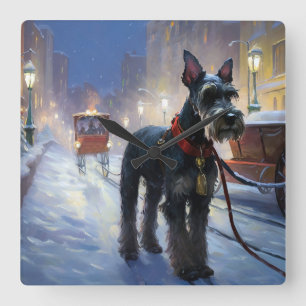 Relógio Quadrado Miniature Schnauzer Temporada Festiva de Natal