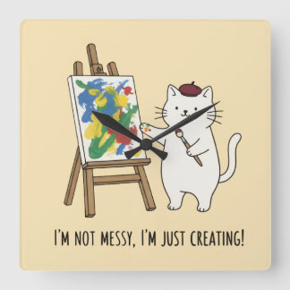 Relógio Quadrado Minimalist White Cat Creative Yellow Home Accent