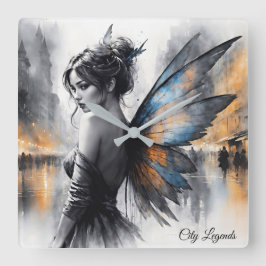 Relógio Quadrado Misteriosa fada negra cidade brilhando asas etérea