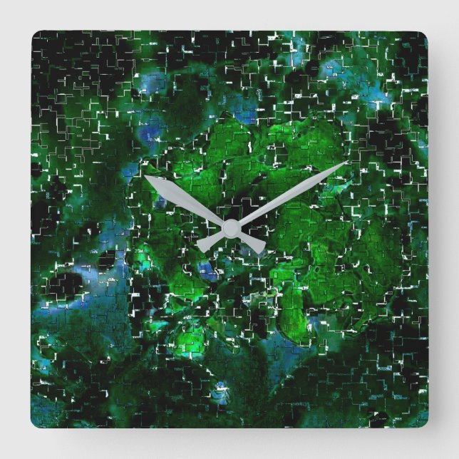 Relógio Quadrado Mistura de folhas verdes chuvosas e rústicas sob m (Frente)