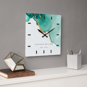 Relógio Quadrado Modern Emerald Beach Weding Anniversário Keepsakel