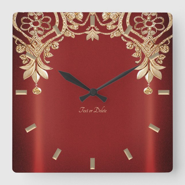 Relógio Quadrado Modern Gold Red Floral Wall Clock (Frente)