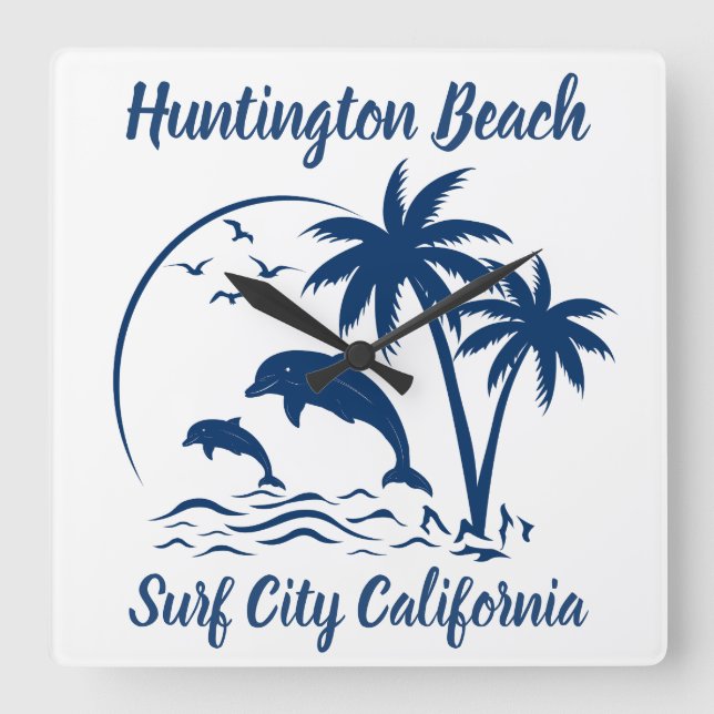 Relógio Quadrado Modern Huntington Beach California Dark Blue (Frente)