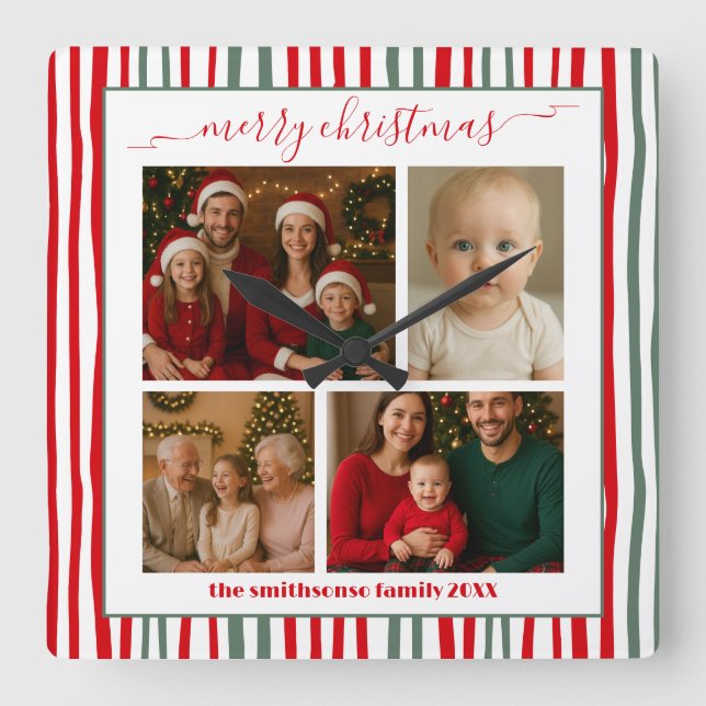 Relógio Quadrado Modern Minimal family Photo merry Christmas (Frente)