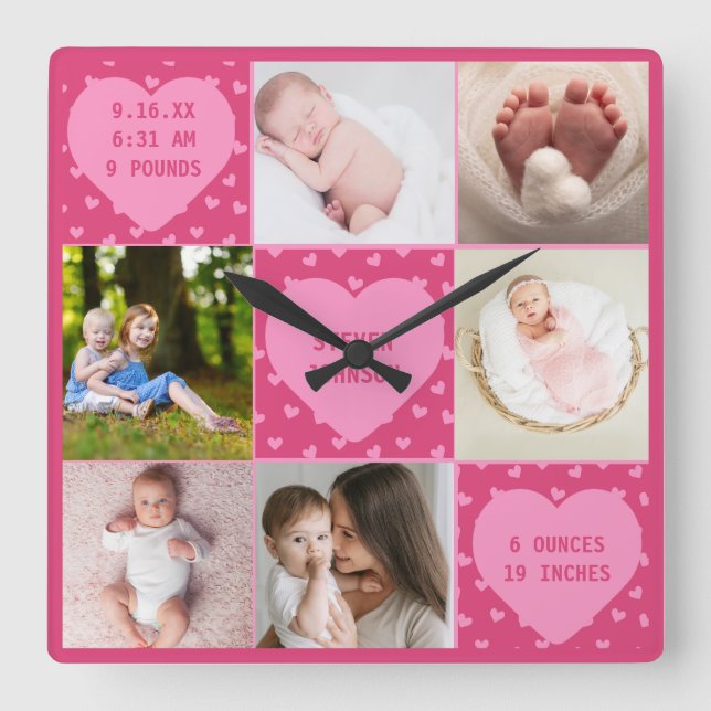 Relógio Quadrado Modern Newborn Baby Personalized 6 Photo Collage  (Frente)