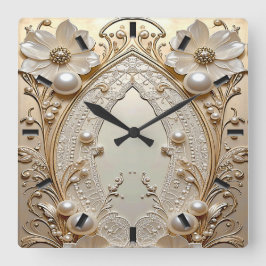 Relógio Quadrado Modern White Flowers Pearls Wall Clock