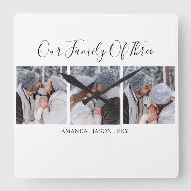 Relógio Quadrado Moderna Nossa Família De Três| Foto (Frente)
