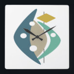 Relógio Quadrado Modernismo do século Médio do Bumerangue Azul<br><div class="desc">Este relógio de parede moderno funky apresenta bumerangas,  círculos e formas de diamante numa combinação das cores turquesa,  azul,  bronzeado,  ouro e preto. Isso fará uma declaração fabulosa na sua parede.</div>