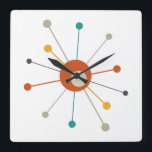 Relógio Quadrado Moderno Meio século de Starburst de Idade Atômica<br><div class="desc">Este relógio moderno colorido meio século apresenta uma explosão atômica em cinzas azul-lacrimogêneas,  amarela,  vermelha,  bronzeada e escura. Tão divertido de adicionar à sua parede!</div>