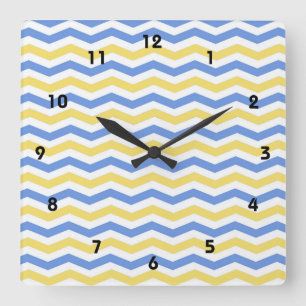 Relógio Quadrado Moderno, moderno, elegante azul e amarelo chevron