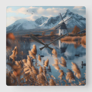 Relógio Quadrado Moinho de vento num lago com paisagem montanhosa
