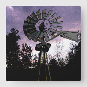 Relógio Quadrado Moinho de vento velho esboçado rústico