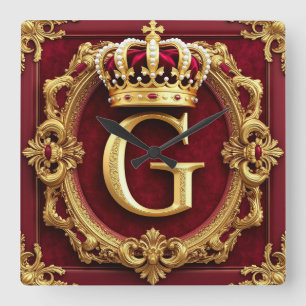 Relógio Quadrado Moldura de Ouro Luxuosa Com Monograma Coronado