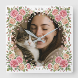 Relógio Quadrado Moldura de Rosa em Aquarela Personalizada Gato Mãe