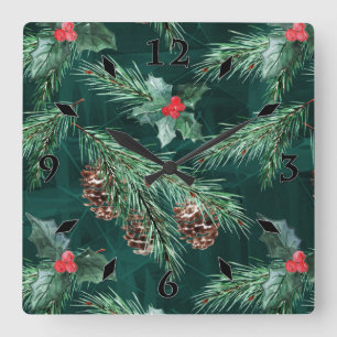 Relógio Quadrado Molho de Natal em aquarela com cones