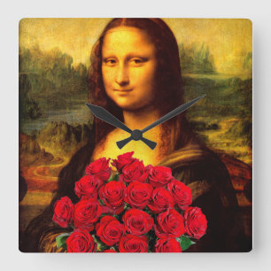 Relógio Quadrado Mona Lisa Com Buquê De Rosa vermelha