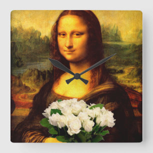Relógio Quadrado Mona Lisa Com Buquê De Rosas Brancas