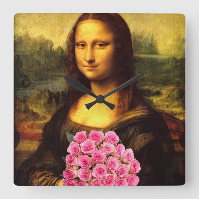 Relógio Quadrado Mona Lisa Com Buquê De Rosas Rosa (Frente)